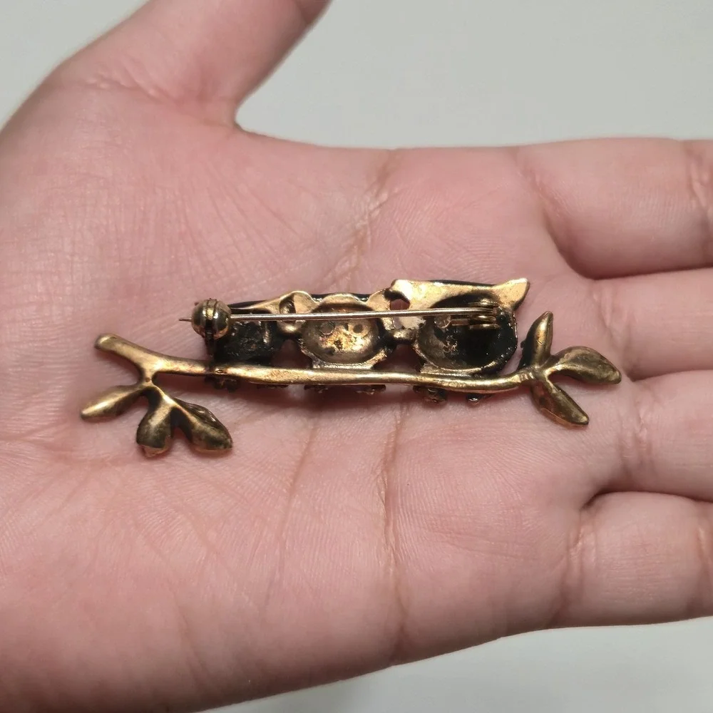 Vintage 3 Owls on‎ Branch Brooch Blue Enamel Rhinestone Pin